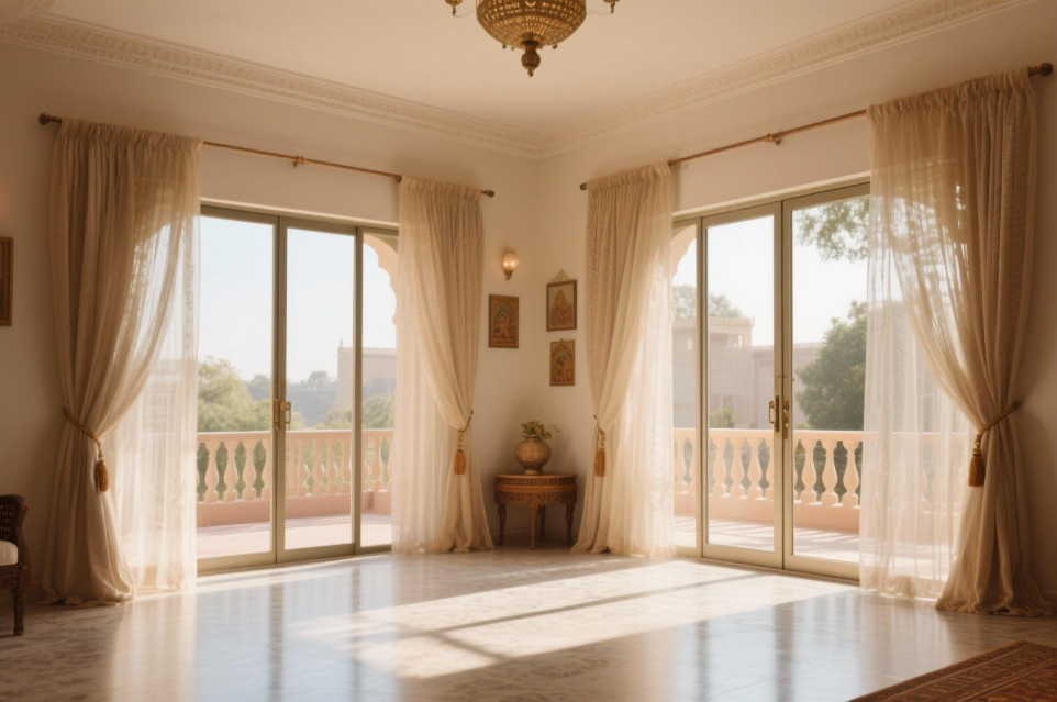 Premium curtain installation in Gurgaon home by our home furnishing store